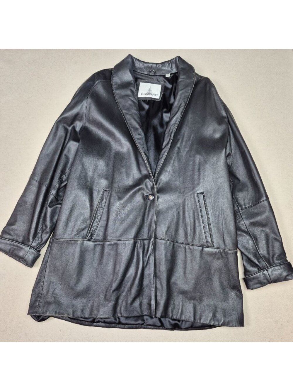 London Fog Women's Black Genuine Leather Button Up Long Overcoat Sz XL 90's VTG